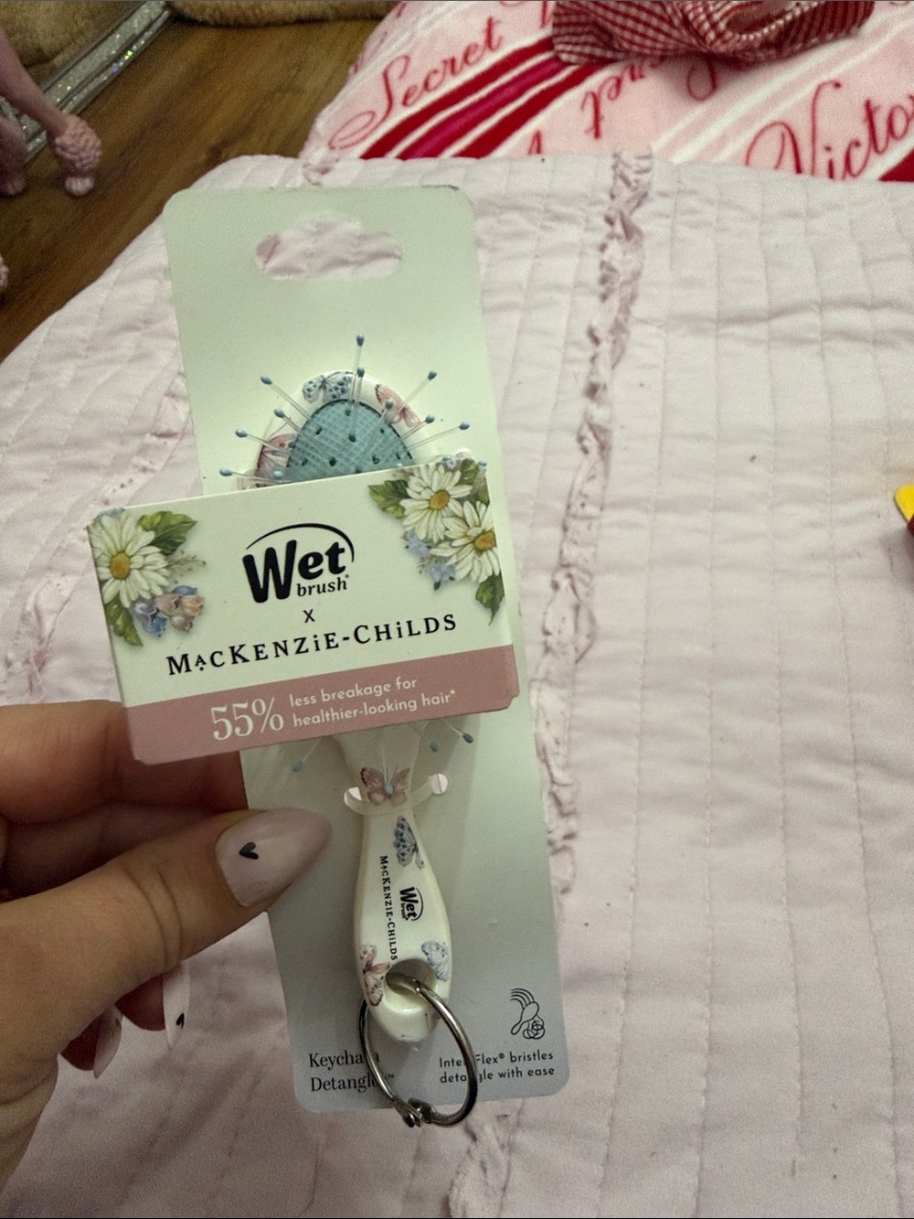 MacKenzie-Childs White and Pink Floral Mini Wet Brush Keychain